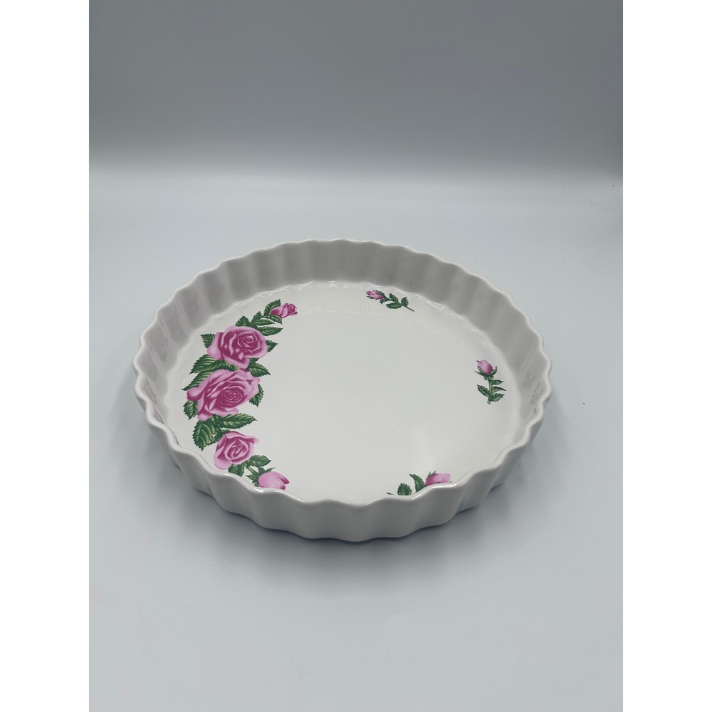 Christneholm The Rose Collection Quiche Tart Pan Pink Floral Fluted Ceramic 10in